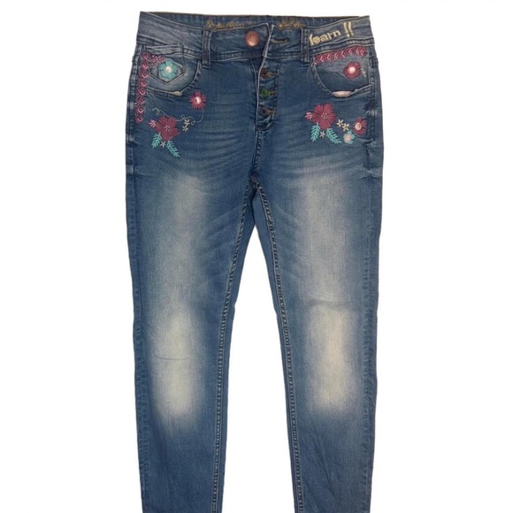 Denim - Y2K Embroidered Floral Jeans Women 26 Low Rise Skinny Button Fly Boho Rhinestone